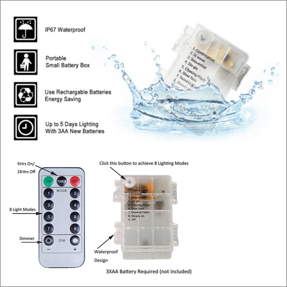 Waterpoof Remote Control Fairy Lights Battery Operated 8 Mode Timer String Copper Wire LED String Lights