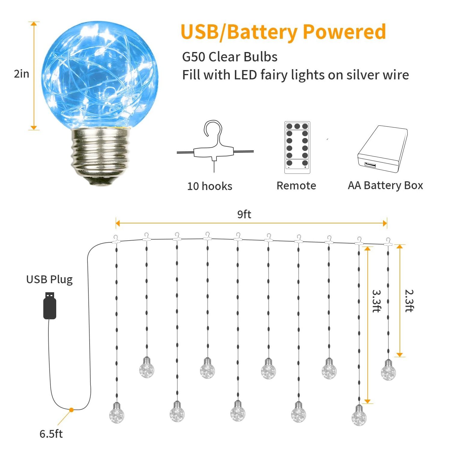 200 LED Window Curtain String Lights with Remote USB Battery Powered Twinkle Globe Fairy Lights Wishing Ball Curtain Lights