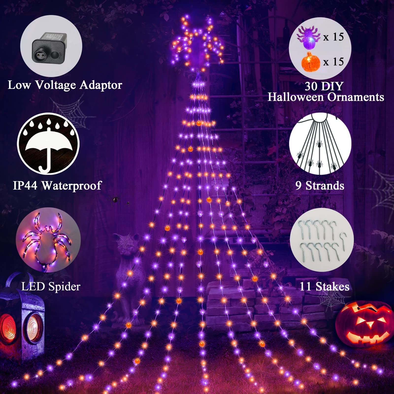 8 Lighting Modes 272 LED Purple Orange Waterfall Tree String Lights with Metal Spiders Outdoor Halloween Lights