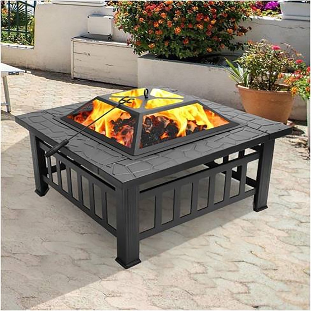 YIMO-6100 32inch Portable Outdoor Garden Patio Fire Pit Barbecue Grill Furniture Tables Square Metal Steel Fire Pit