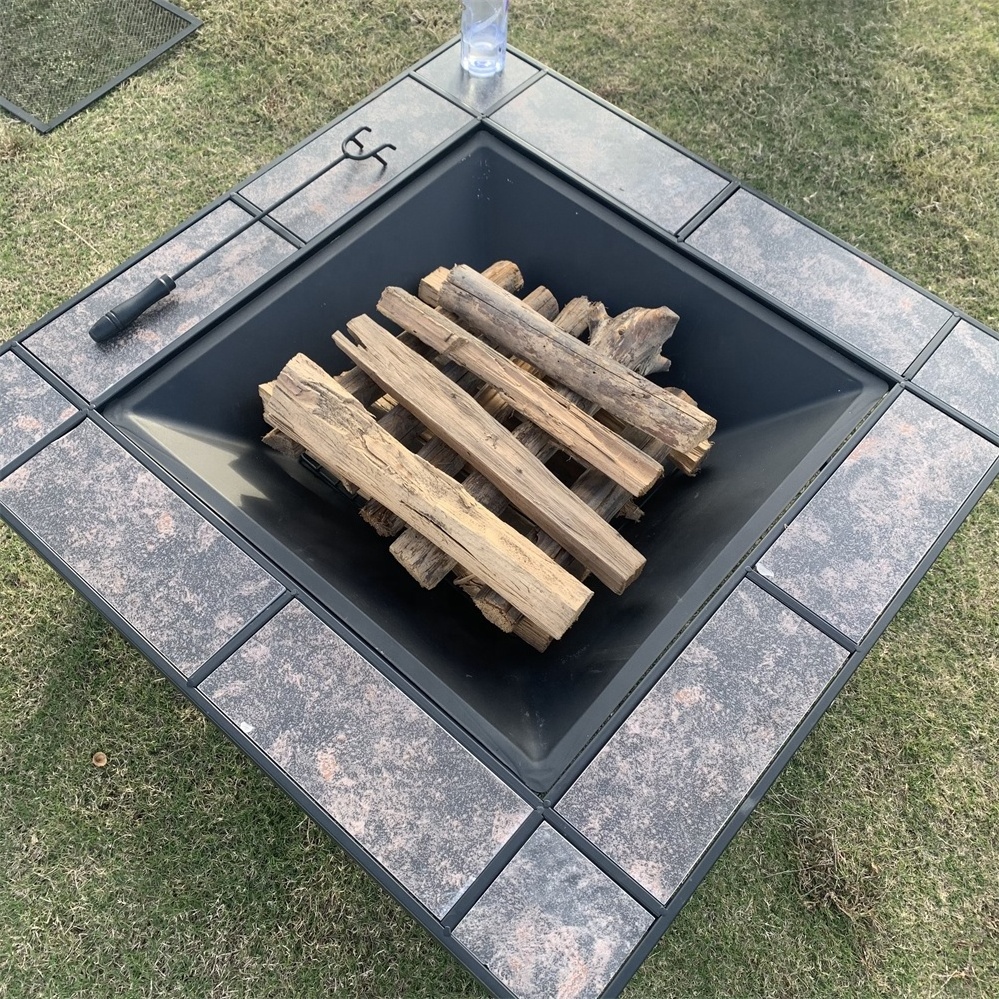 Yimo Outdoor Firepit 32In Square Table  Ceramic tiles Backyard Patio Garden Stove Metal Wood Burning Fire Pits