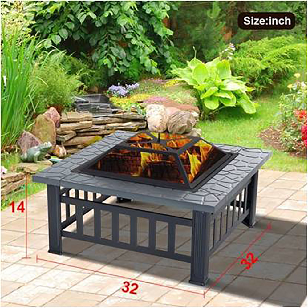 YIMO-6100 32inch Portable Outdoor Garden Patio Fire Pit Barbecue Grill Furniture Tables Square Metal Steel Fire Pit