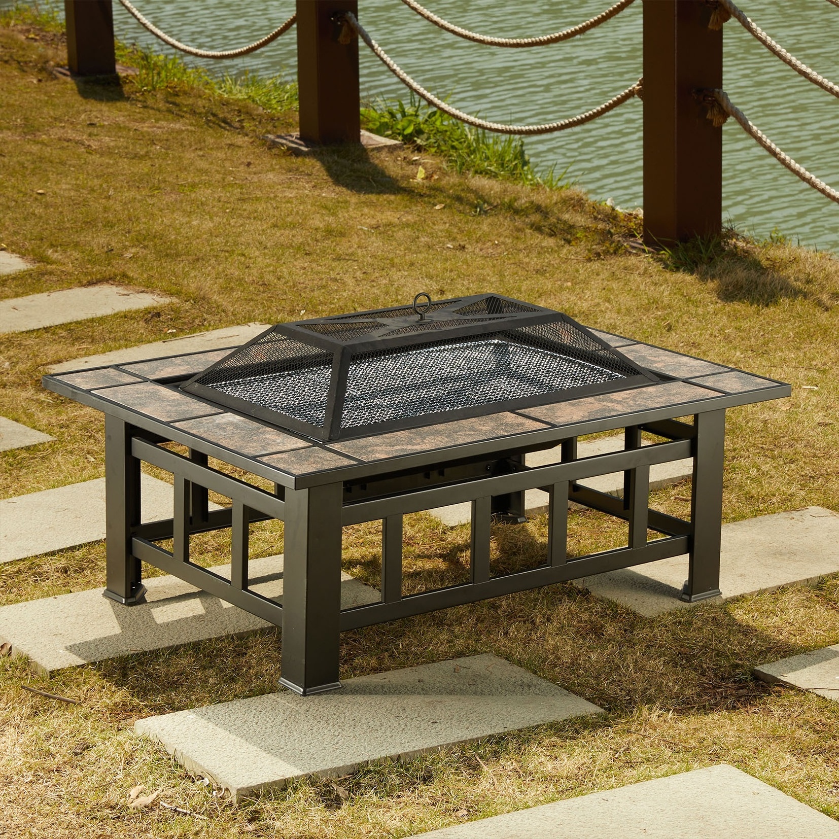 YIMO 37 INCH  Outdoor Heaters Square Ceramic Tile Wood Burning Fire Pit