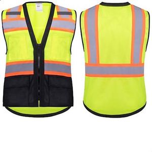 Safety Vest Reflective with Pockets and Zipper, High Visibility ANSI Class 2 Vest Hi Vis Yellow Vest With Black Bottom