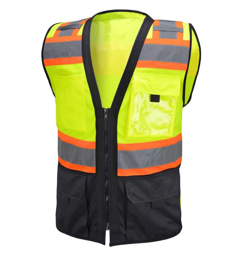 Safety Vest Reflective with Pockets and Zipper, High Visibility ANSI Class 2 Vest Hi Vis Yellow Vest With Black Bottom