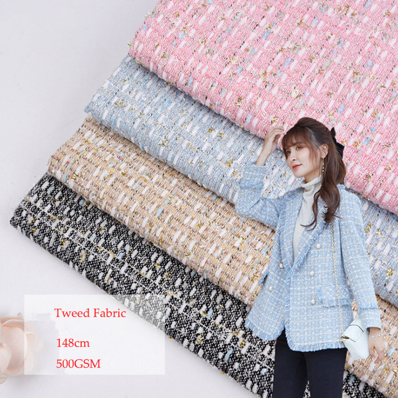 Premium Fancy Style Metallic Tweed Fabric Slub Woolen Overcoat Shoes Hats Bag Pink Tweed Fabric With Sequins