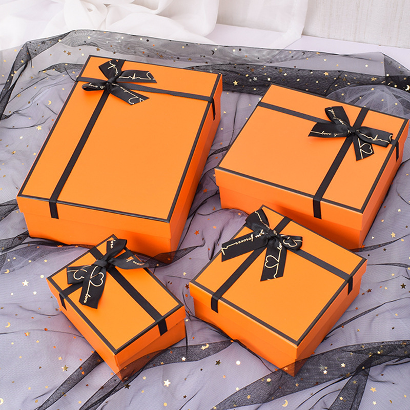 Orange Bow Hand Gift Box Square Creative Packaging For Girls To Grow Birthday Paper Box Empty