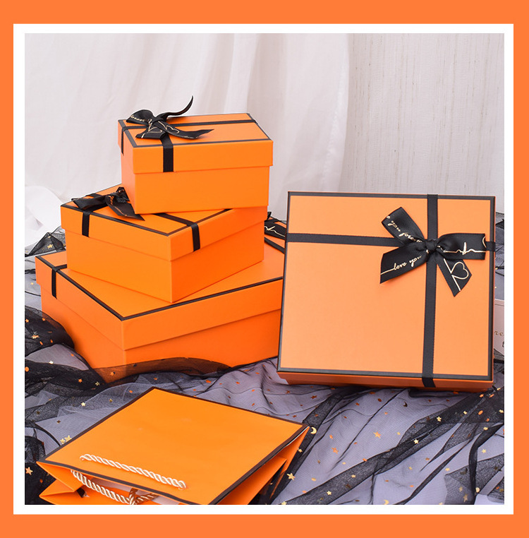 Orange Bow Hand Gift Box Square Creative Packaging For Girls To Grow Birthday Paper Box Empty