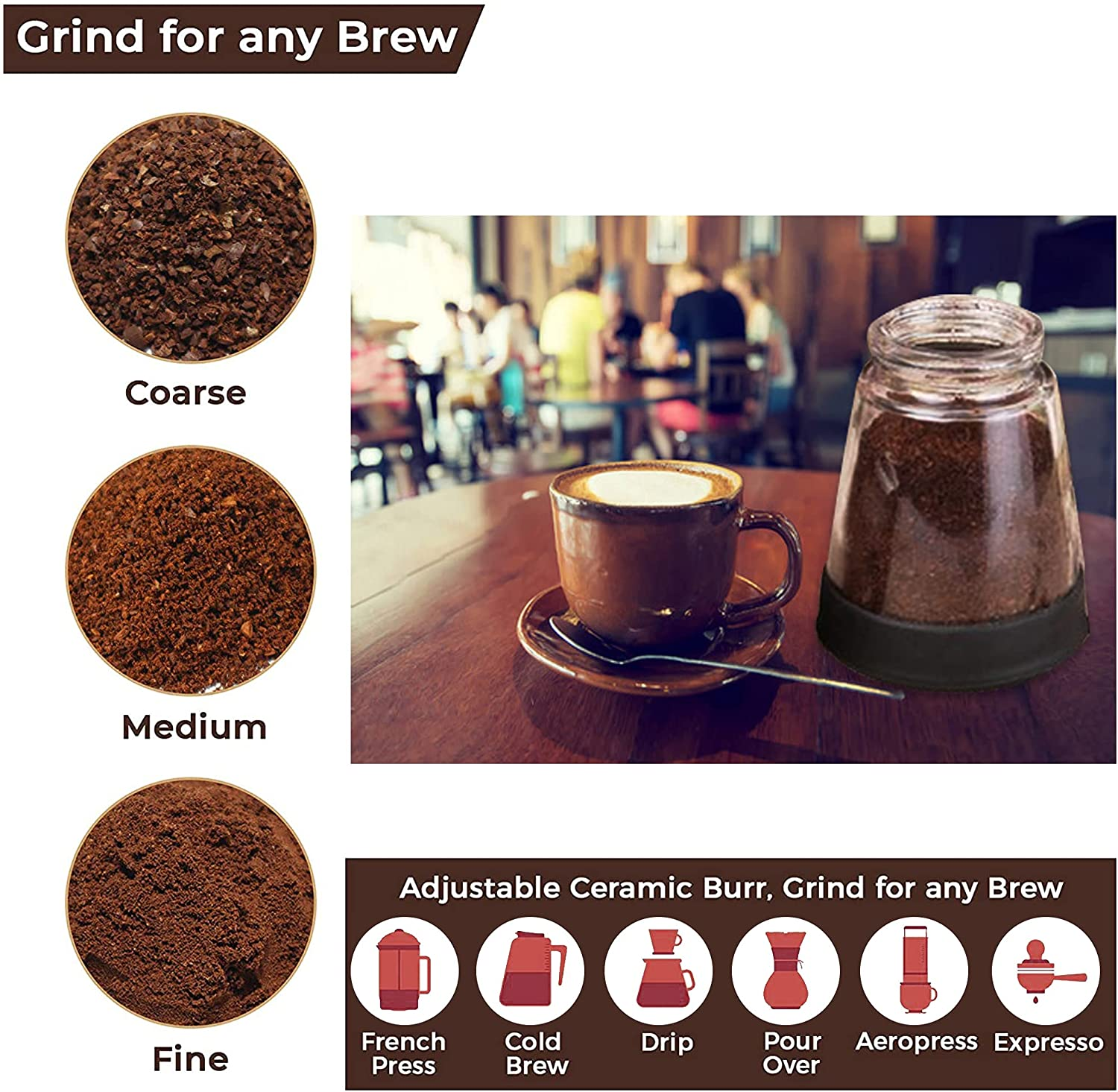 Portable Ceramic Burr Stainless Steel Handle Manual Coffee Bean Grinder black color with Adjustable Coarseness