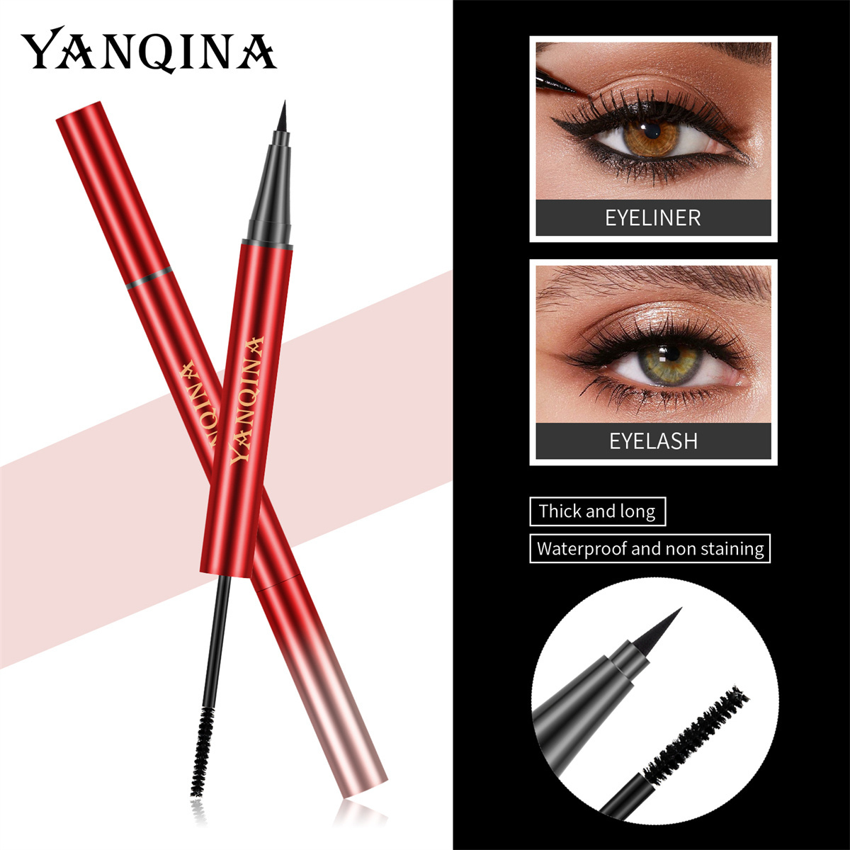 2 In 1 Waterproof Eyeliner 2024 Mascara Pen Double Ended 4D Fiber Curling Mascara Smooth Fast Drying Liquid Eye Liner Eye Makeup