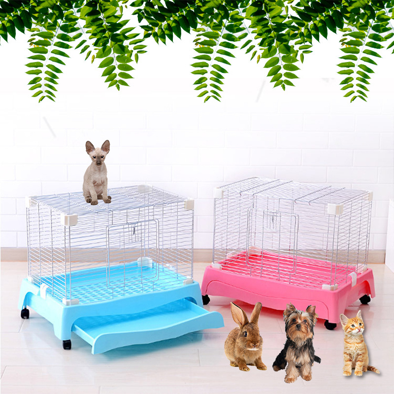 Easy clean wholesale luxury multi size blue pink electroplate steel metal iron wire plastic tray pet dog rabbit cage with wheels