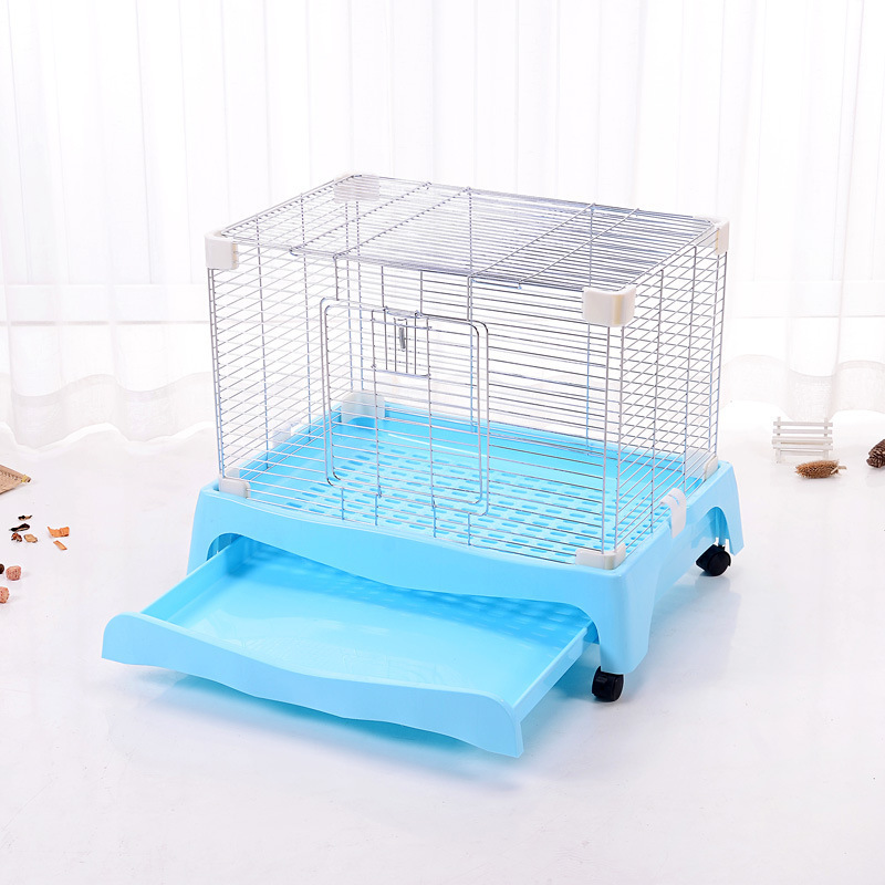 Easy clean wholesale luxury multi size blue pink electroplate steel metal iron wire plastic tray pet dog rabbit cage with wheels