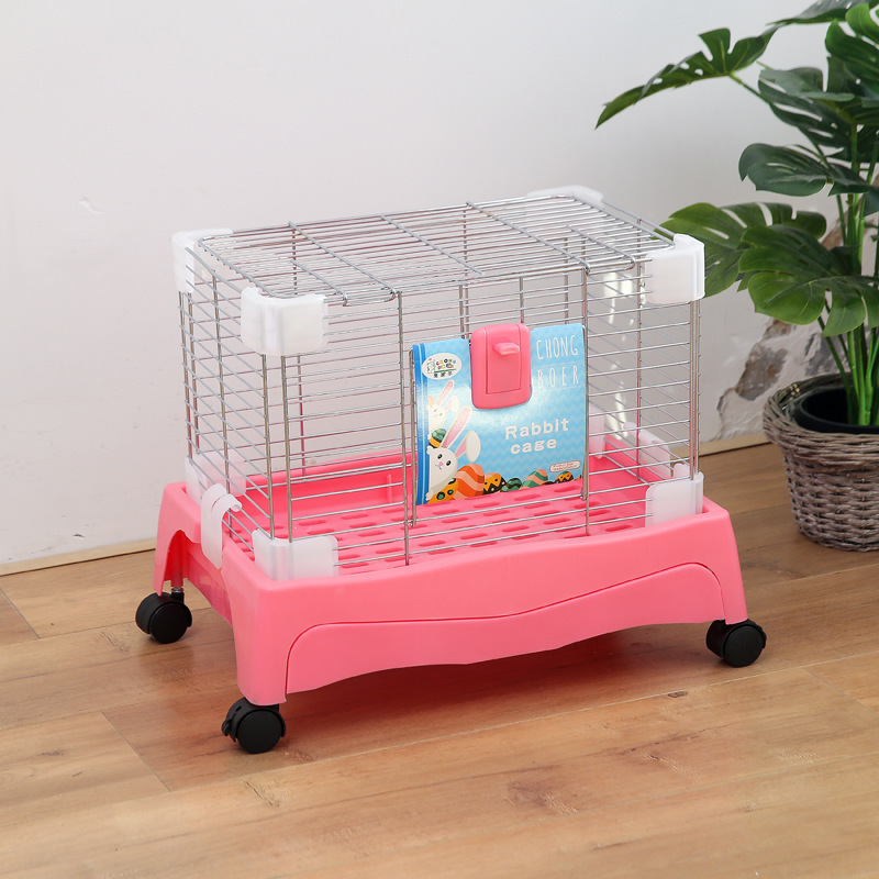 Easy clean wholesale luxury multi size blue pink electroplate steel metal iron wire plastic tray pet dog rabbit cage with wheels