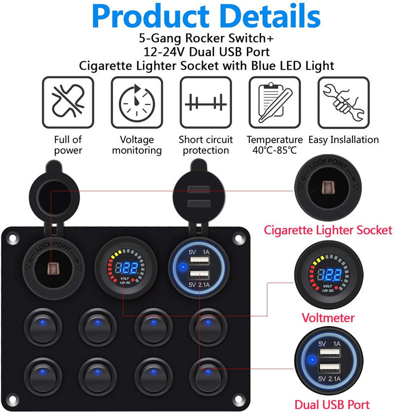 Dual USB Socket 4.2a 12v Power Outlet  8 gang Marine Rocker Switch Panel with MINI nilight LED Switch for Car  Boat