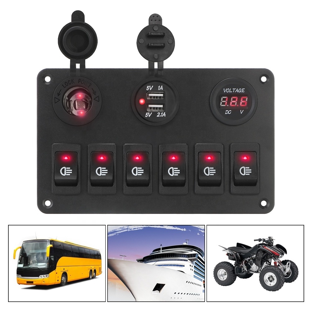 12V/24V Switch Panel For Car Marine RV Trucks ATV UTV Yacht 6 Gang Rocker ON/OFF USB Port LED Digital Voltmeter Circuit Breaker