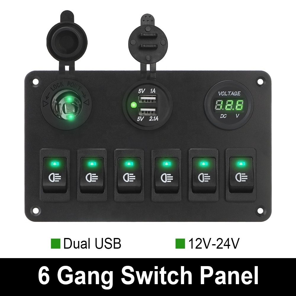 12V/24V Switch Panel For Car Marine RV Trucks ATV UTV Yacht 6 Gang Rocker ON/OFF USB Port LED Digital Voltmeter Circuit Breaker