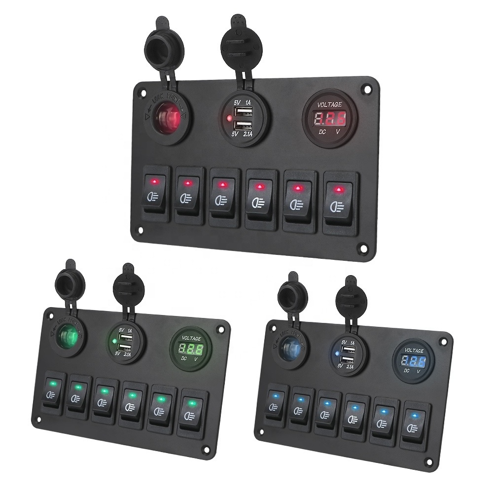 12V/24V Switch Panel For Car Marine RV Trucks ATV UTV Yacht 6 Gang Rocker ON/OFF USB Port LED Digital Voltmeter Circuit Breaker