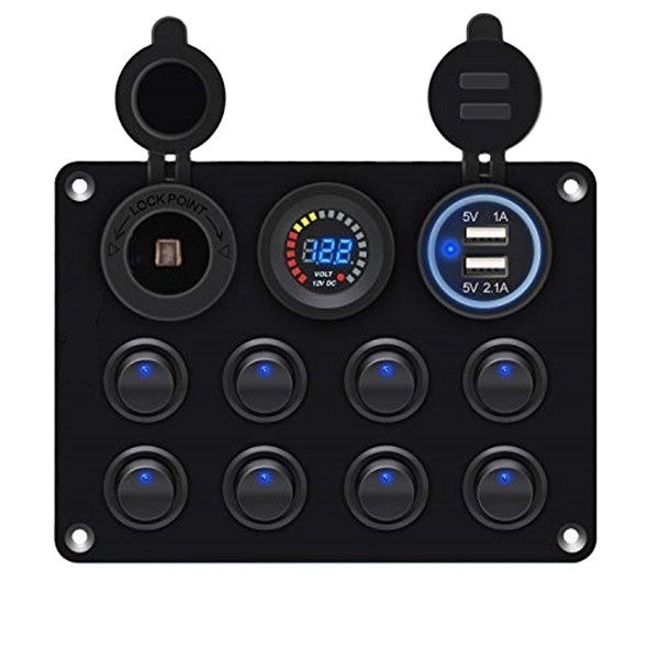 Dual USB Socket 4.2a 12v Power Outlet  8 gang Marine Rocker Switch Panel with MINI nilight LED Switch for Car  Boat