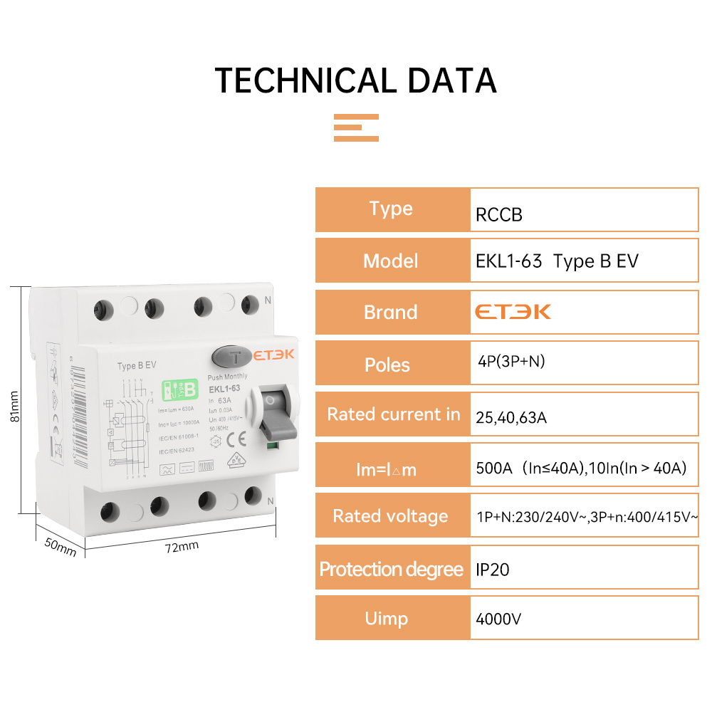 ETEK EKL1-63B  rccb 63A 30mA 10KA  4P Type B RCCB ELCB RCD circuit breaker in stock