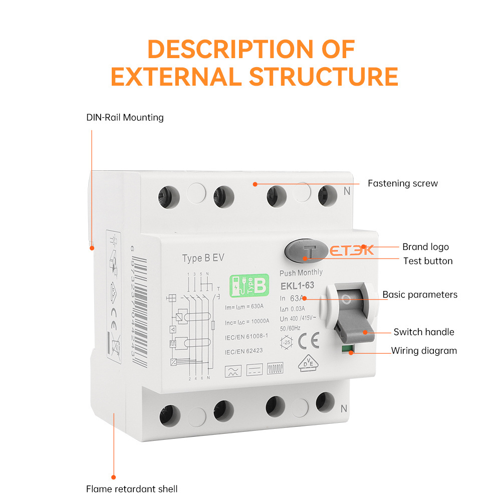 ETEK EKL1-63B  rccb 63A 30mA 10KA  4P Type B RCCB ELCB RCD circuit breaker in stock