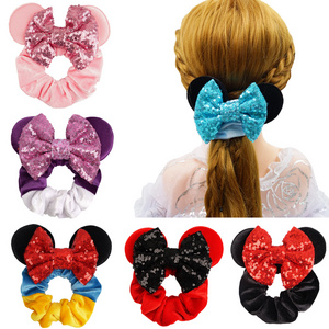 Mouse Ears Scrunchies Velvet Sparkle Sequin Minnie Bows Scrunchies Hair Ties Elastic Rubber Bands Ponytail Holders Wholesale