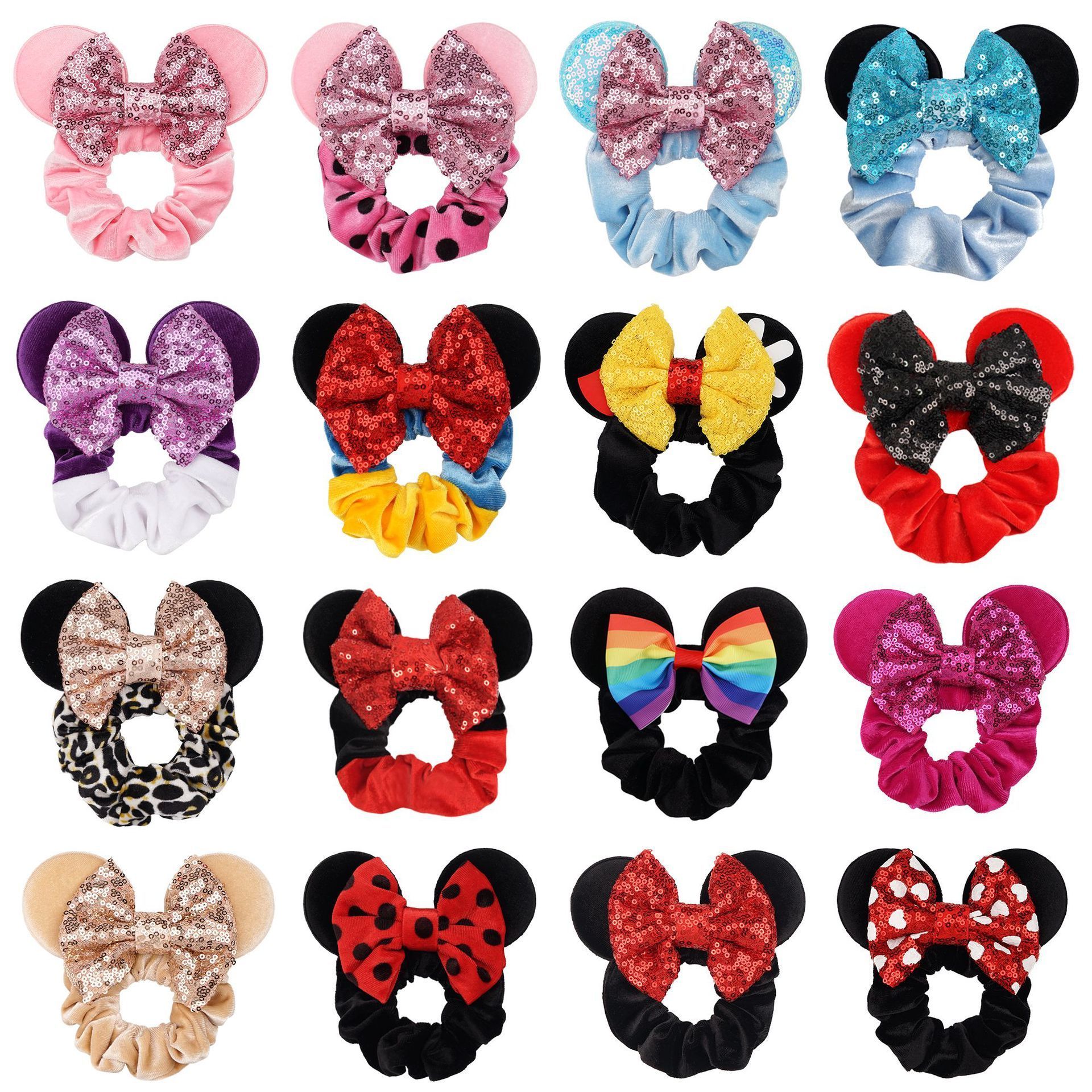 Mouse Ears Scrunchies Velvet Sparkle Sequin Minnie Bows Scrunchies Hair Ties Elastic Rubber Bands Ponytail Holders Wholesale