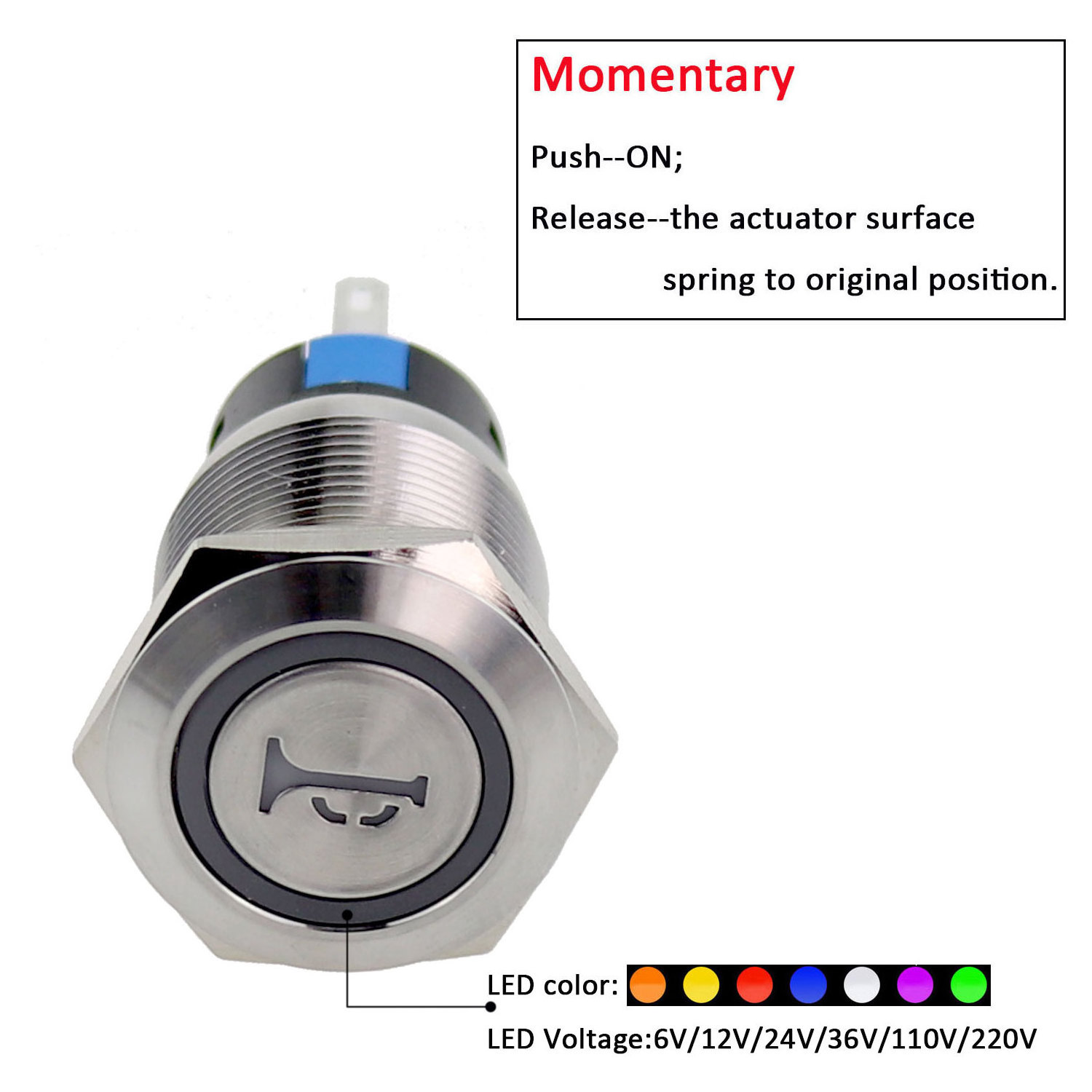 19mm waterproof stainless steel Momentary 12v blue Led marine horn push button switch