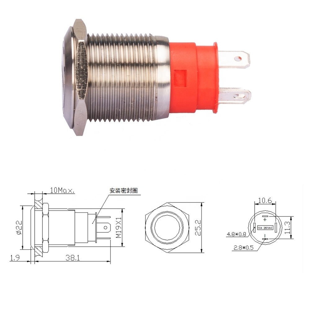 19mm 10A 15A 20A High current  illuminated waterproof stainless steel push button switch