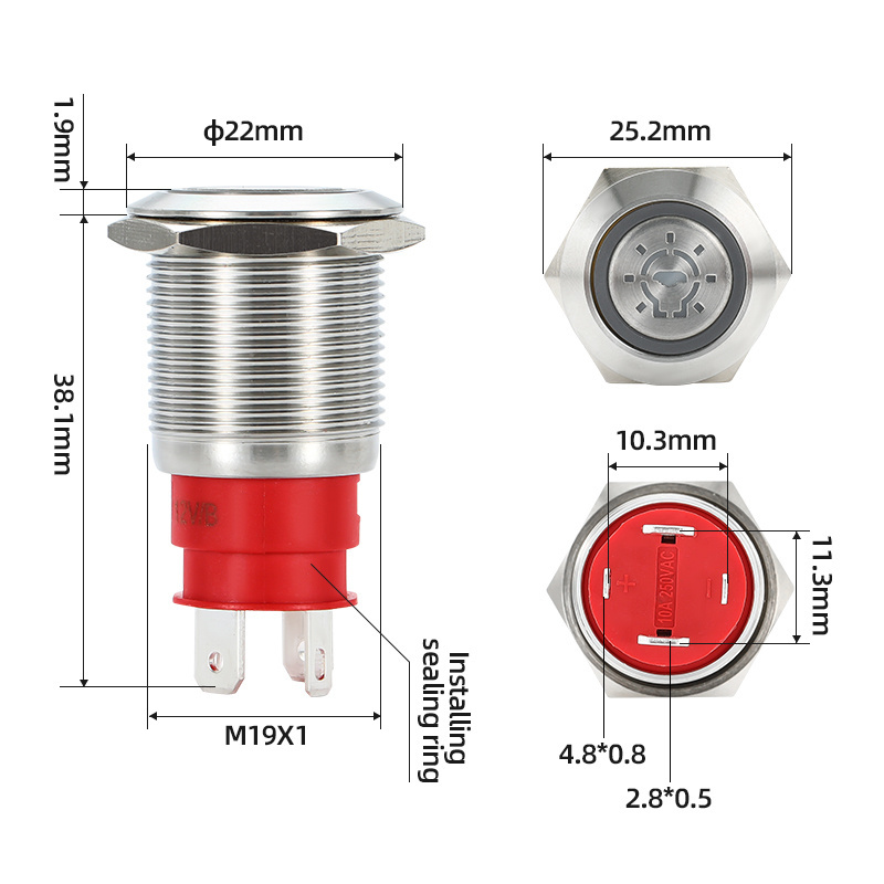 IP67 Marine Silent  logo with light  heavy duty 20a 15a waterproof metal push button switch