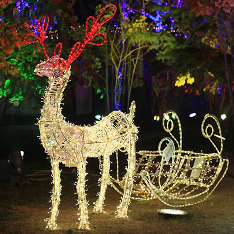 Outdoor customized iron frame 3D LED motif light animal reindeer with sled Christmas motif lights for Christmas decorations