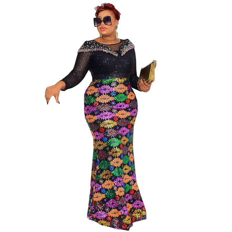 New African Sequin Mermaid Party Gown Elegant Ladies Long Sleeve Bodycon Wedding Birthday Dress