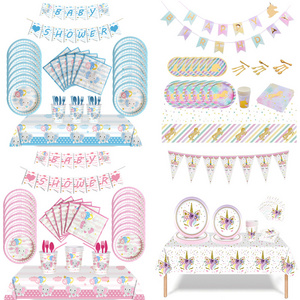 Animal Pink Unicorn Disposable Tableware Set Baby Girl Birthday Party Banner Pink Elephant Paper Cup Plate Supplies