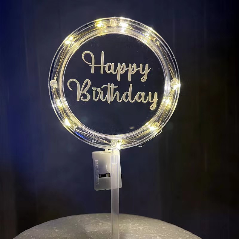 LED Acrylic Cake Topper Geometry Round Letter Cake Toppers Happy Birthday Wedding Party Cupcake Toppers