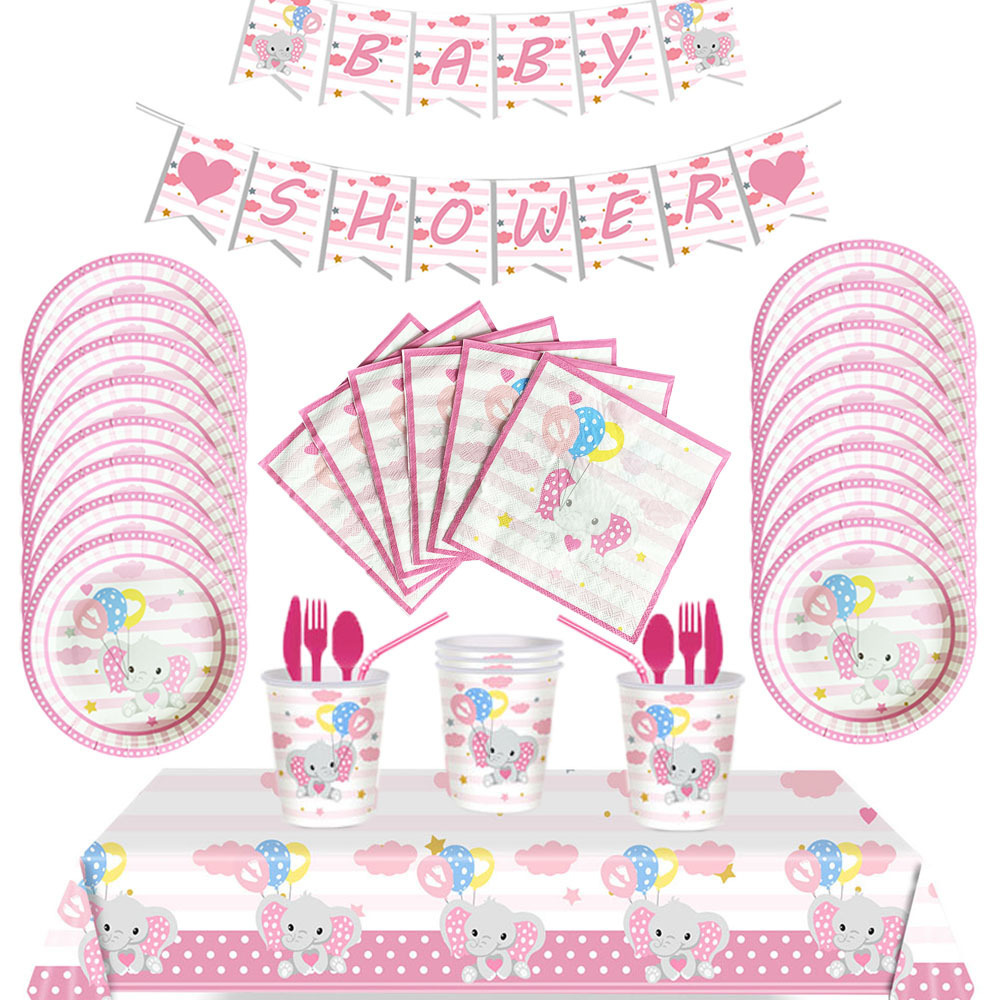 Animal Pink Unicorn Disposable Tableware Set Baby Girl Birthday Party Banner Pink Elephant Paper Cup Plate Supplies