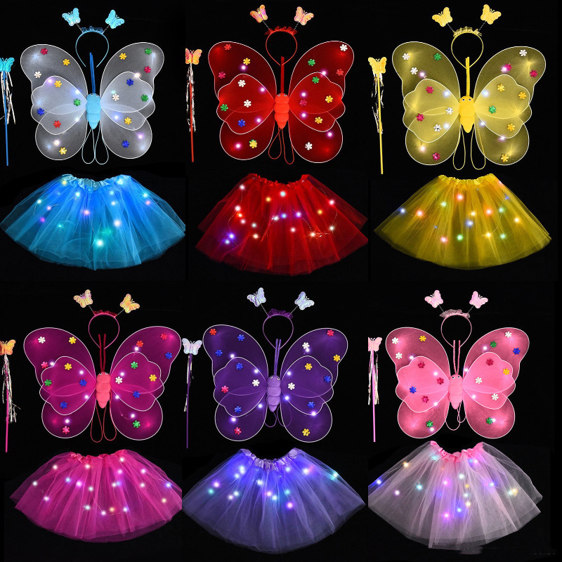 Glowing Butterfly Wings Girl Back Decoration Led Flashing Toys Wonderful Magic Wand Flower Fairy Set For Birthday Party