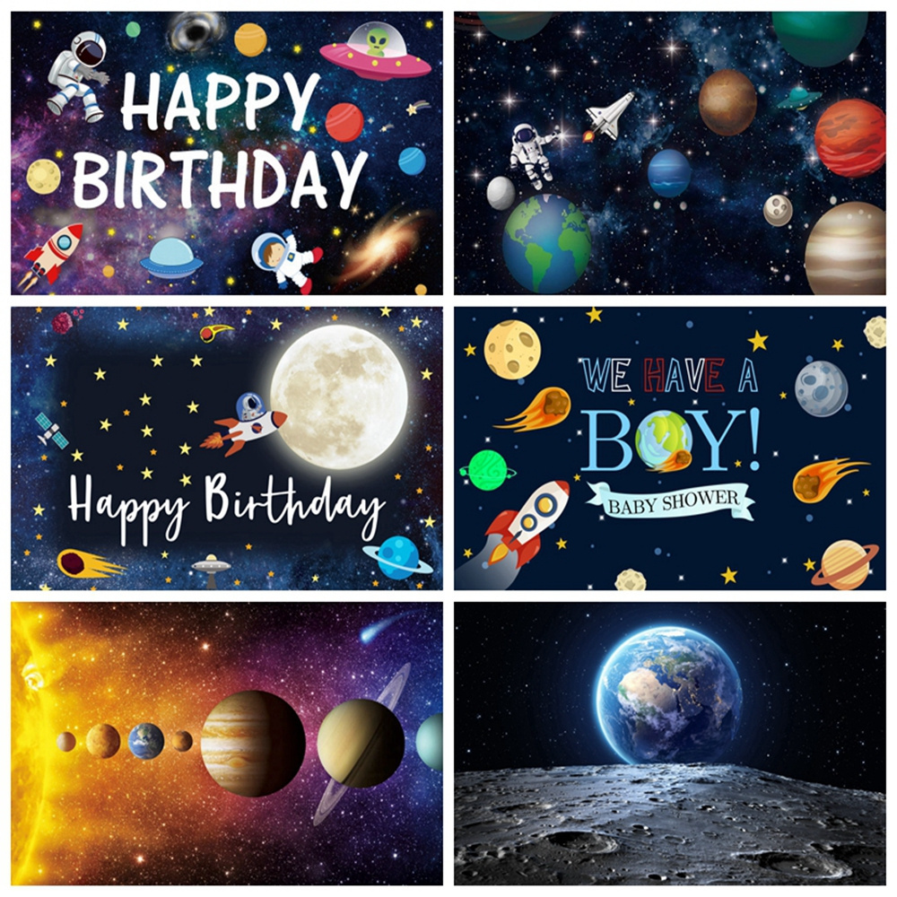 Solar System Decorations Large Happy Birthday Outer Space Poster Banner Space Theme Vinyl Backdrop Background for Kids Boys