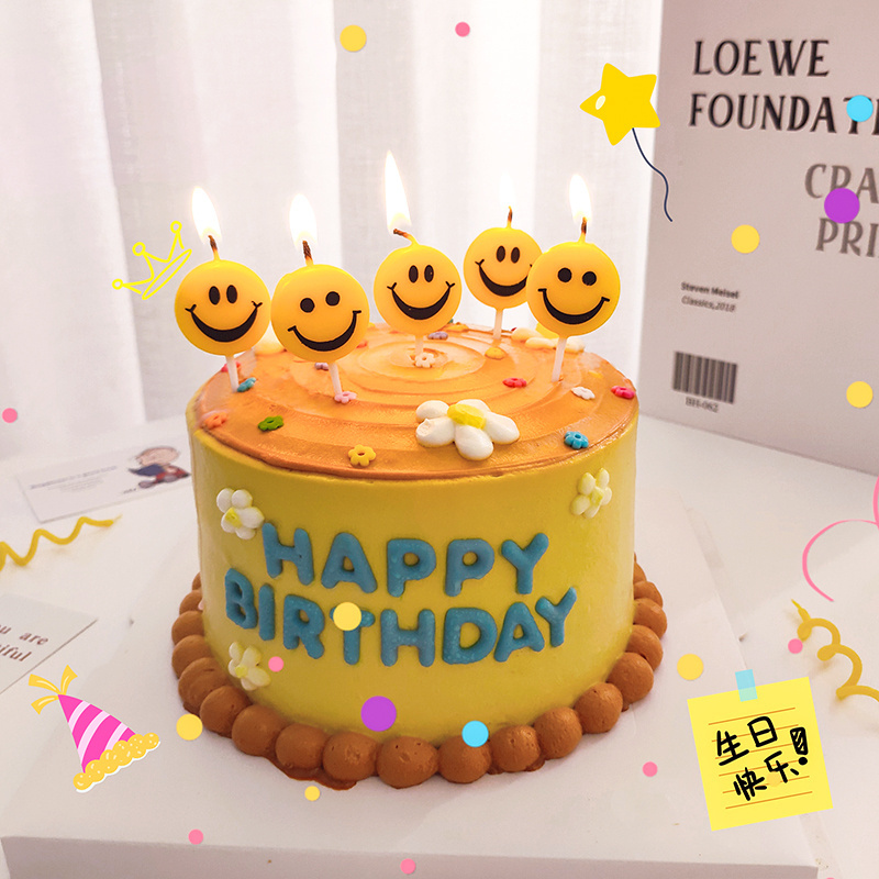 5pcs Smile Face Cake Candles Ins Cute Birthday Party Cartoon Cute Smiley Cake Decoration Daisy Yellow Smile Candle