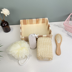 Promotional 4PCS Bath Beauty Gift Set Wooden Bath Set Including Hair Brush Pumice Stone Sisal Sponge & Bath Ball With Wood Box