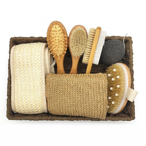 Natural Wood Bath Body Care Gift Spa Kit Facial Brush Konjac Sponge Foot Nail Sisal Bath Belt Set Shower Scrubber Brush