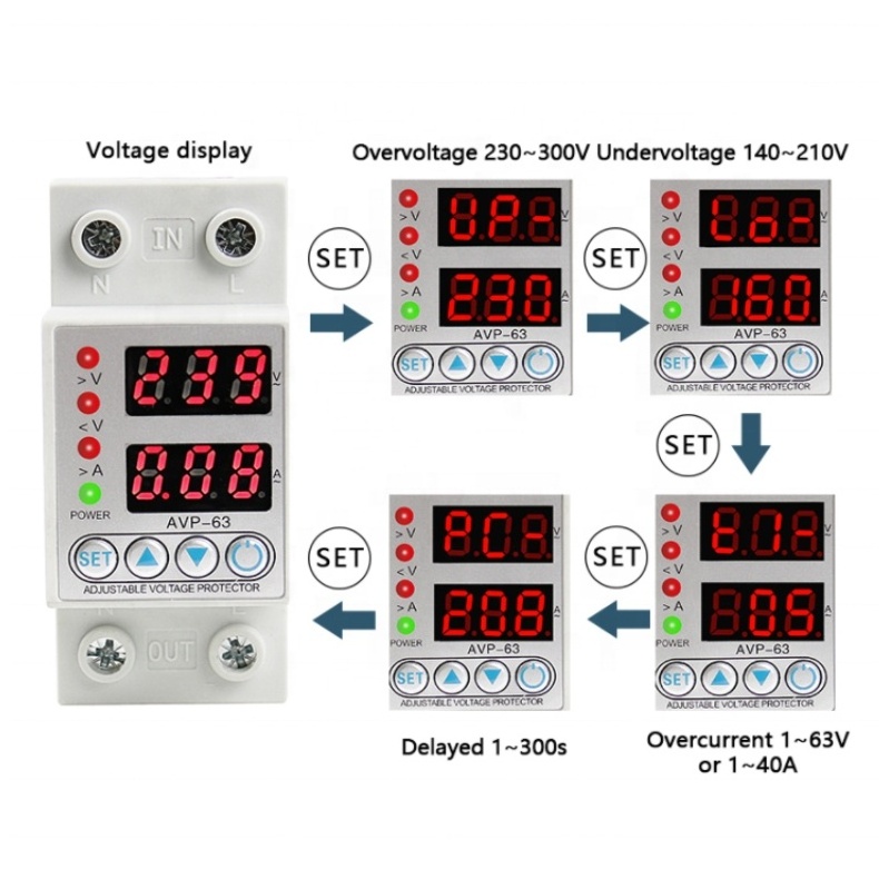 63A 230V Din rail adjustable over under voltage protective protector relay protection digital electric voltage protector