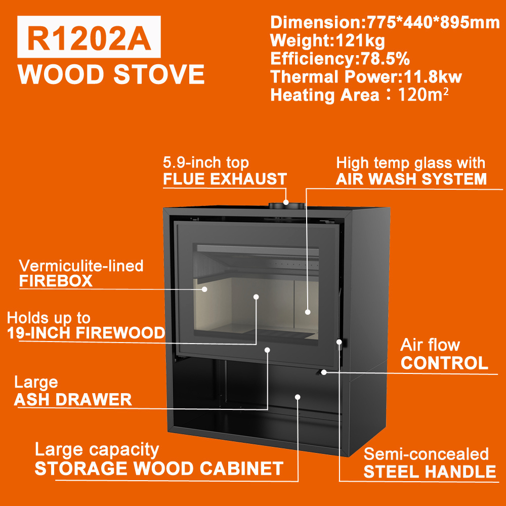 New Design Minimalism Wood Stove R1202A Freestanding Black Steel Wood Burning Fireplace Stove Indoor Heating With Firewood Box