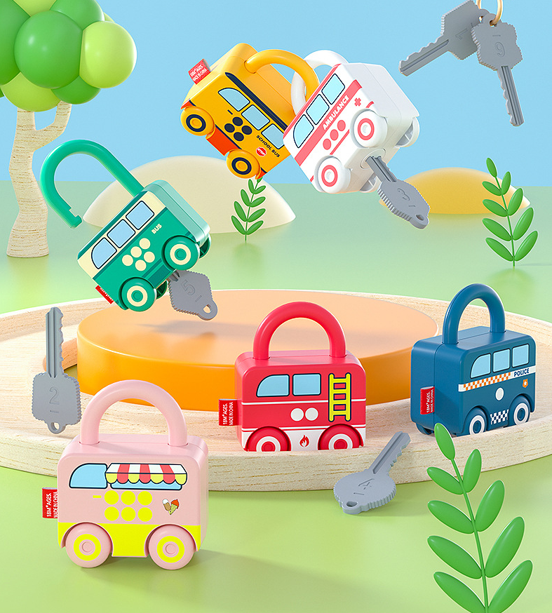 Children Montessori educational toys 6 pcs Vehicles Number Learning Locks toys Matching unlock teaching aids toys for kids