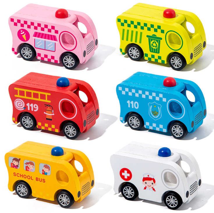 New style Children wooden toy pull back car inertial mini car simulation fire truck police car school bus model for kids