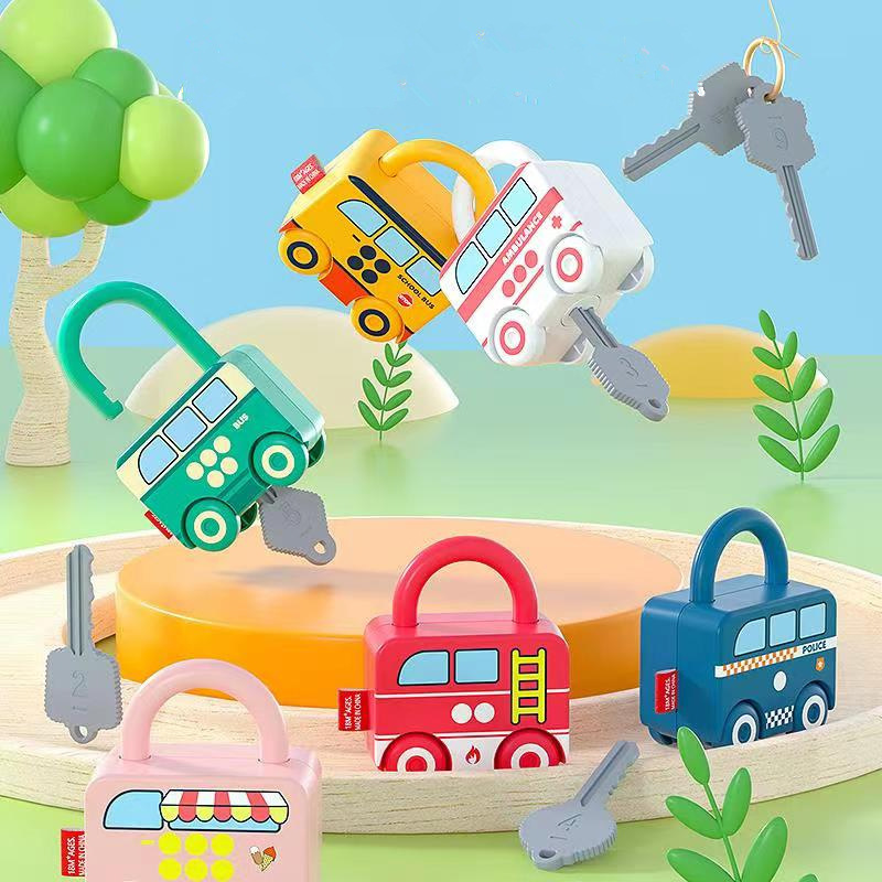 Children Montessori educational toys 6 pcs Vehicles Number Learning Locks toys Matching unlock teaching aids toys for kids