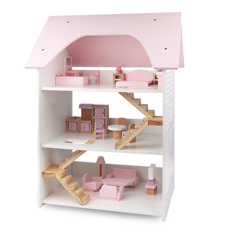 New shape hot sale wooden toy doll house three floor doll house set toy wood pink dollhouse toys MSN19004