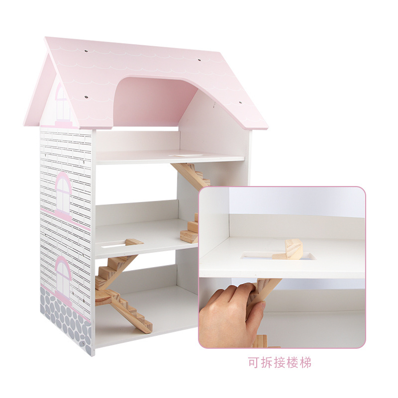 New shape hot sale wooden toy doll house three floor doll house set toy wood pink dollhouse toys MSN19004