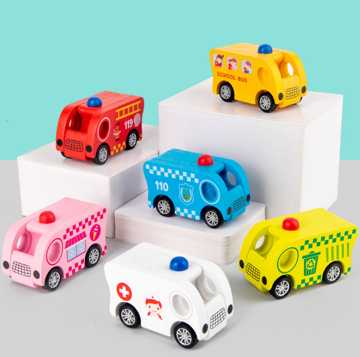 New style Children wooden toy pull back car inertial mini car simulation fire truck police car school bus model for kids