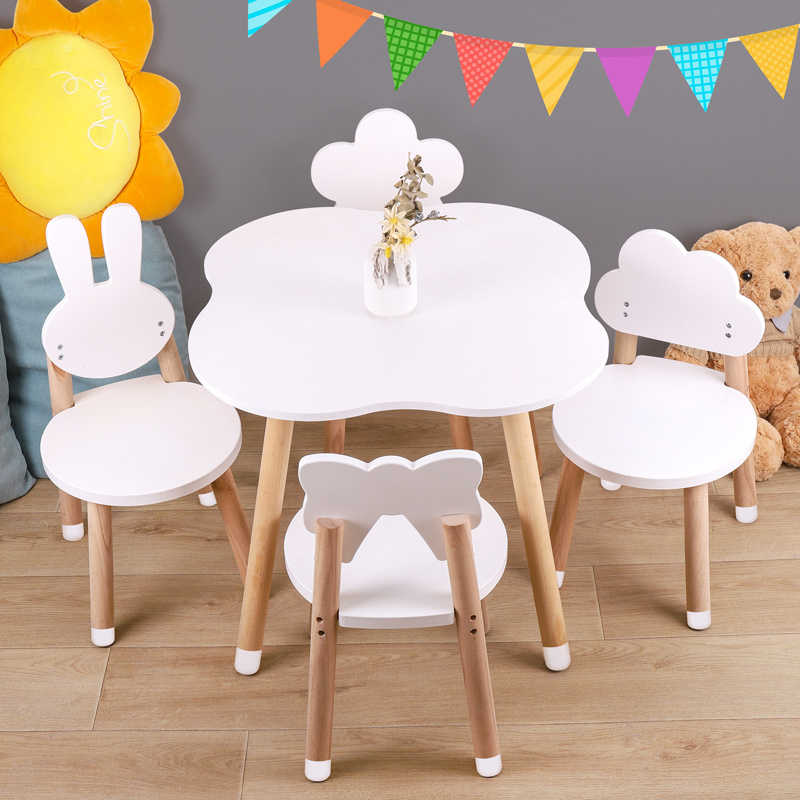 Hot sale new style kids wooden study table Cartoon style study table and chair set White children's wooden table and chair set