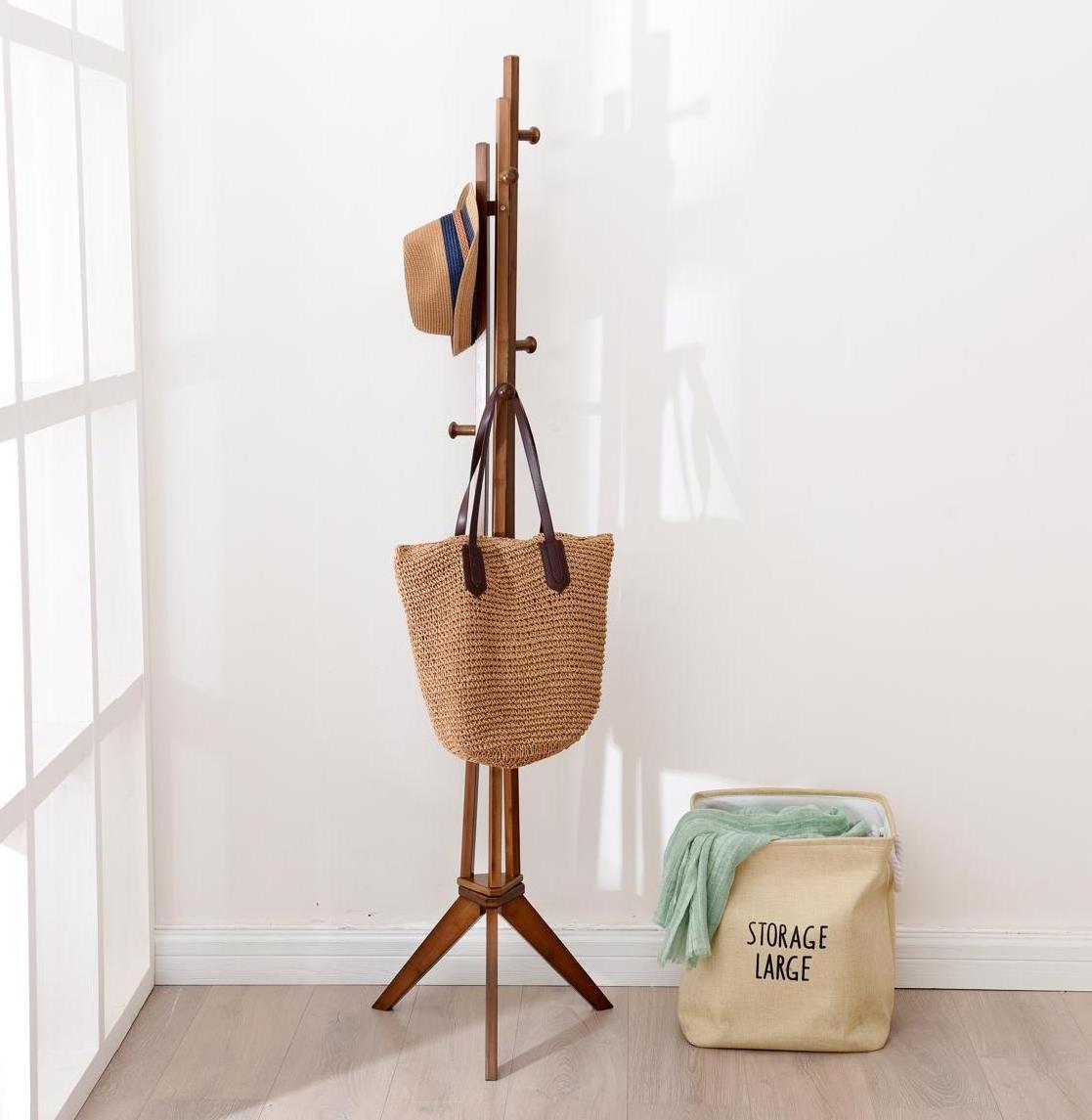 Wooden Coat Rack Free Standing Coat Hat Tree Coat Hanger Holder Stand with Round Base for Clothes 6 Hooks