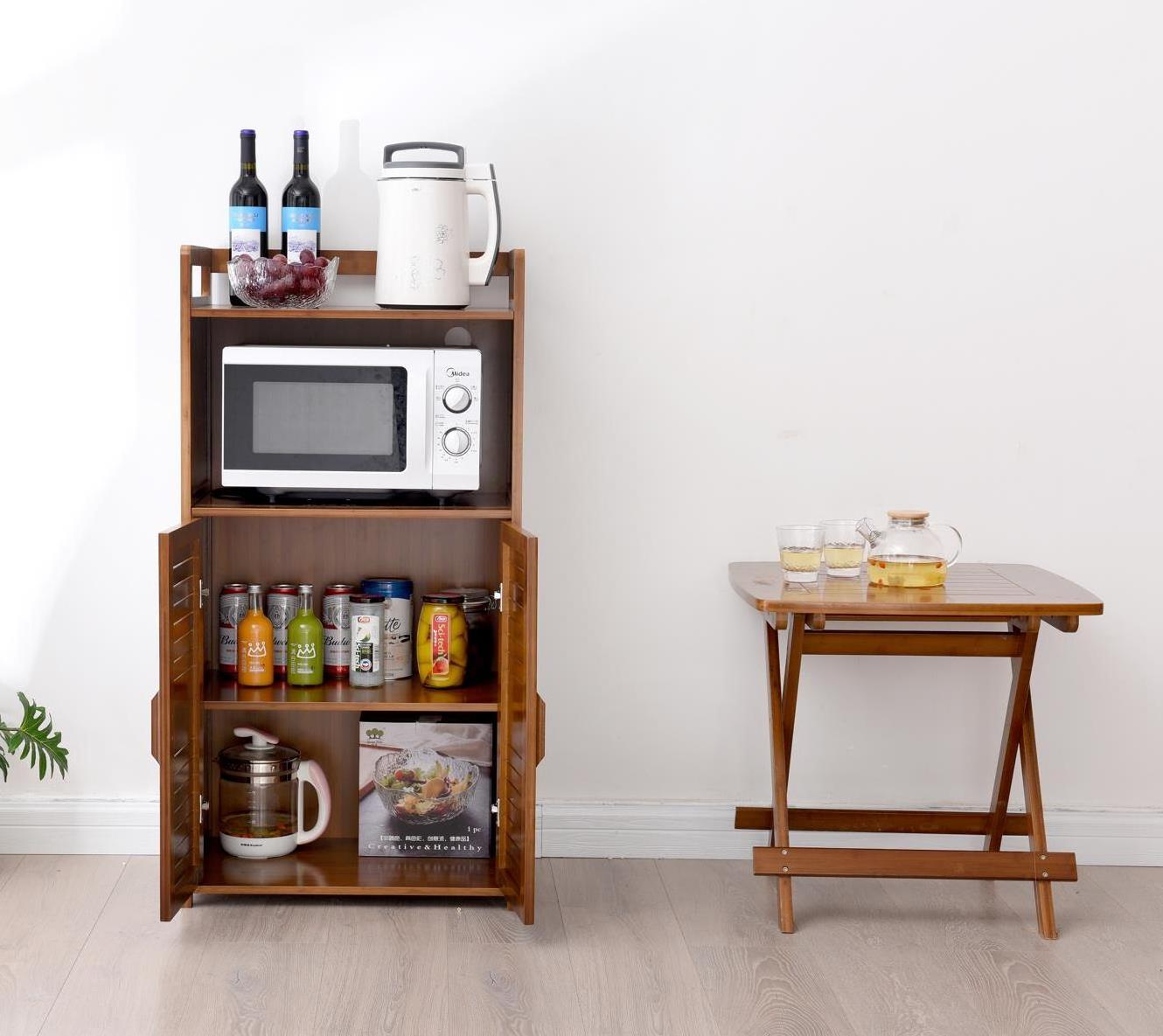 Kitchen Shelf Multi-storey Floor Microwave Oven Cabinet Solid Wood Door Storage Cabinet Bamboo Products Shelf